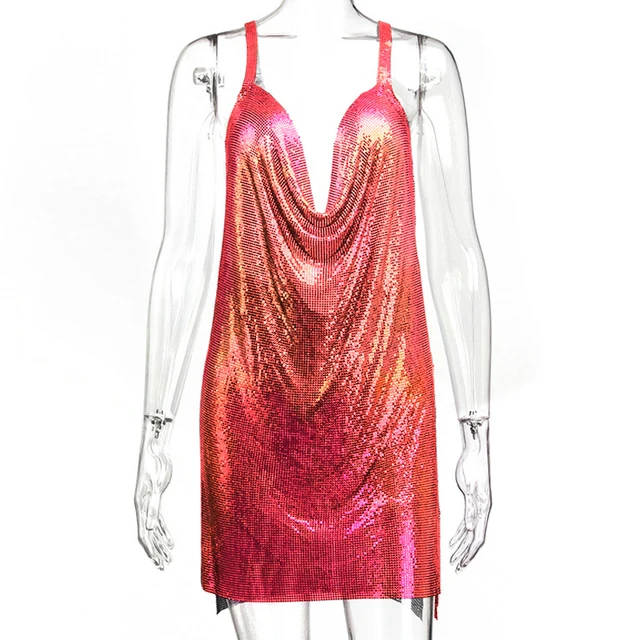 Symphony Red Sexy Metal Crystal Dress Summer V-Neck Hollow Backless Tank Top Women Rhinestone Birthday Party Mini Sling