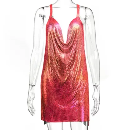 Symphony Red Sexy Metal Crystal Dress Summer V-Neck Hollow Backless Tank Top Women Rhinestone Birthday Party Mini Sling