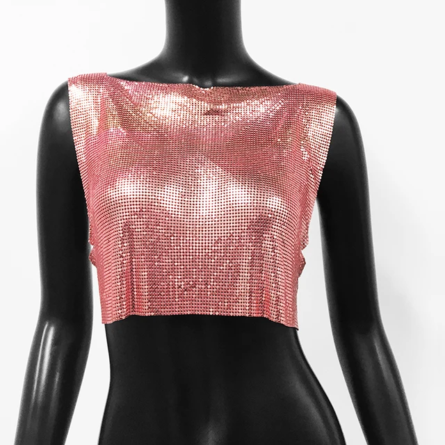Rose Gold Sexy Metal Sequin Tank Top For Women y2k Summer Beach Backless Crop Top Rave Festival Club Outfits Camisole