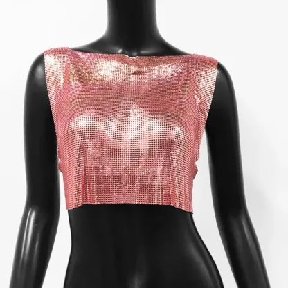 Rose Gold Sexy Metal Sequin Tank Top For Women y2k Summer Beach Backless Crop Top Rave Festival Club Outfits Camisole