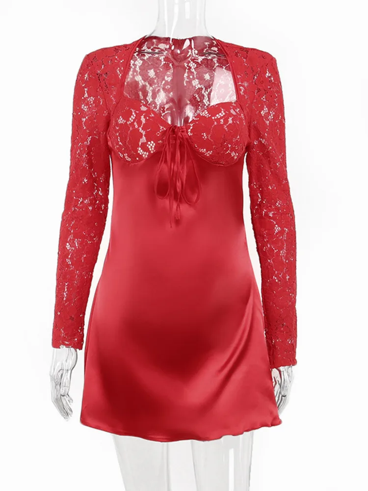 Lace See Through Sexy Long Sleeve Red Mini Dress Women Summer Elegant Bandage Slim Outfit Ladies Party Club Vestido