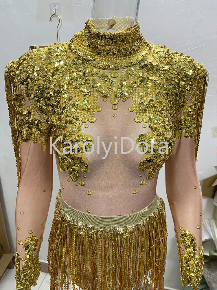 Nightclub Shining Rhinestone Sequins Tassels Women Party Jumpsuit Dancer Stage Outfits Stretch Fringes Bodysuits Showgir Costume