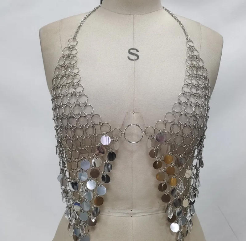 European & American Sexy Lace-Up Circle Sequined Tank Top For Women Designer Strapless Top Party Rhinestone Body Chain