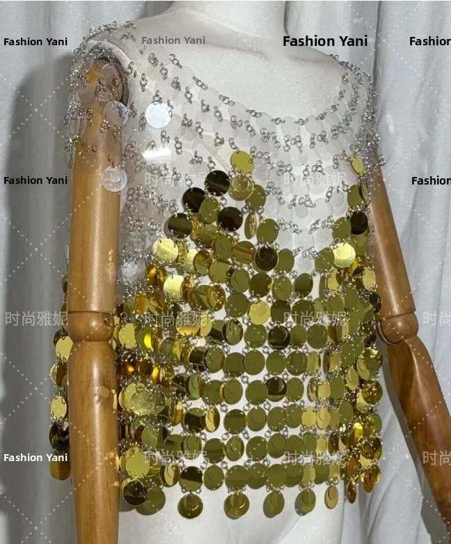 gold Sexy Fashion Gradient Sequins Patchwork Design Tank Top For Women Sleeveless Round Neck Camisole 2023 Autumn New 11XX5698