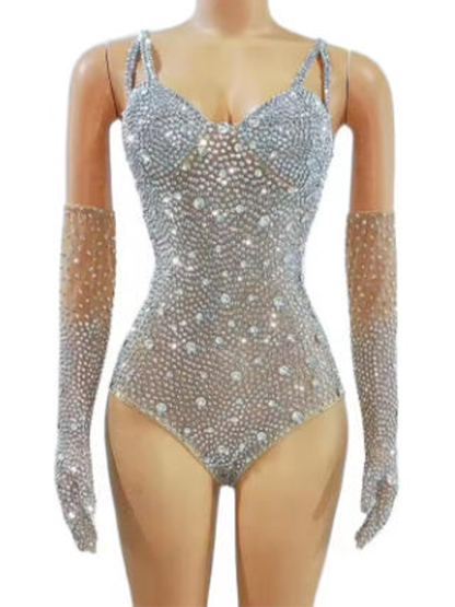 Sexy Stage Shining Full Silver Stones Gloves Bodysuit Rhinestones Pants Birthday Celebrate Leotard Outfit Photography Costumes
