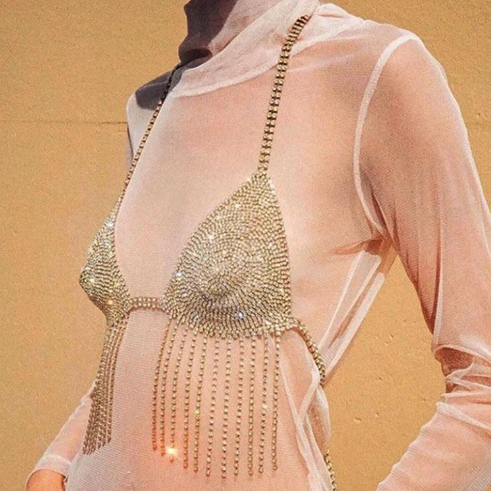 y2k Festival Luxury Rhinestone Bikini Top Women 2023 Sexy Night Club Party Backless Halter Fashion Diamond Tassel Crop Tops