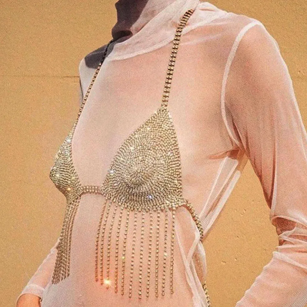 y2k Festival Luxury Rhinestone Bikini Top Women 2023 Sexy Night Club Party Backless Halter Fashion Diamond Tassel Crop Tops