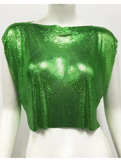 Green Y2k Shiny Metallic Sequins Festival T- Shirts Crop Tops Sexy Women Sleeveless See Through Glitter Sequin Club Party Rave T Shirt