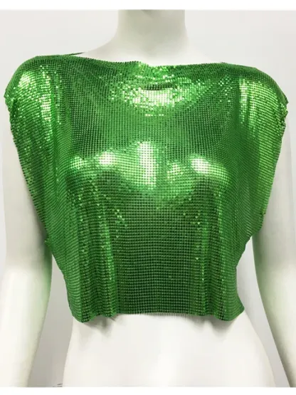 Green Y2k Shiny Metallic Sequins Festival T- Shirts Crop Tops Sexy Women Sleeveless See Through Glitter Sequin Club Party Rave T Shirt