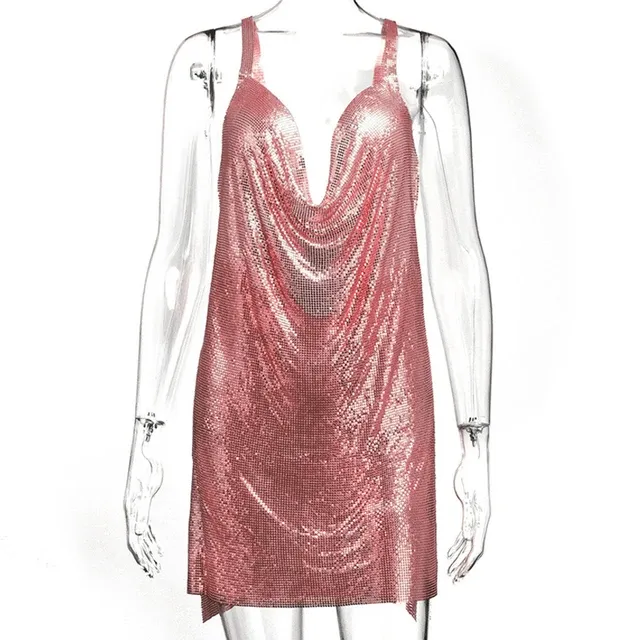 Rose Gold Sexy Metal Crystal Dress Summer V-Neck Hollow Backless Tank Top Women Rhinestone Birthday Party Mini Sling