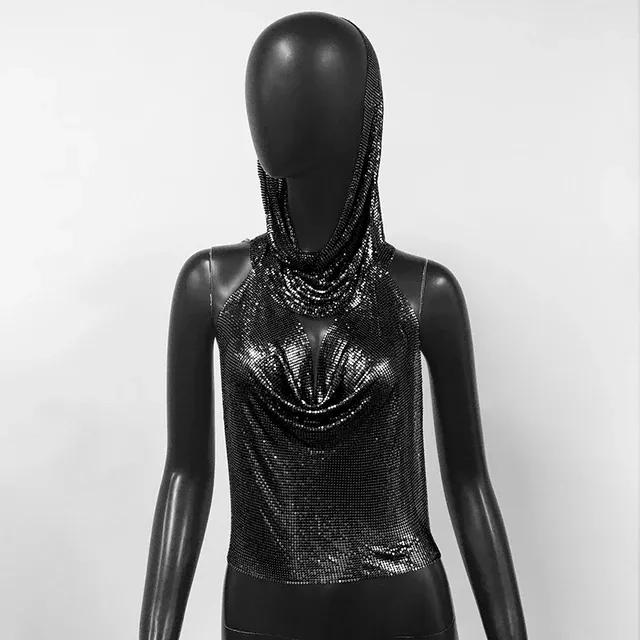 Women Metal Sequins Tank Top With Turban 2 Piece Sexy V Neck Backless Suspender Top Rave Festival Party Nightclub Camisole