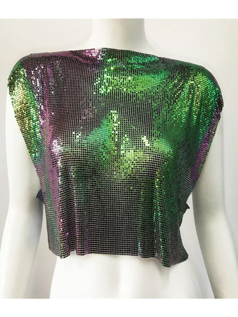Symphony Y2k Shiny Metallic Sequins Festival T- Shirts Crop Tops Sexy Women Sleeveless See Through Glitter Sequin Club Party Rave T Shirt