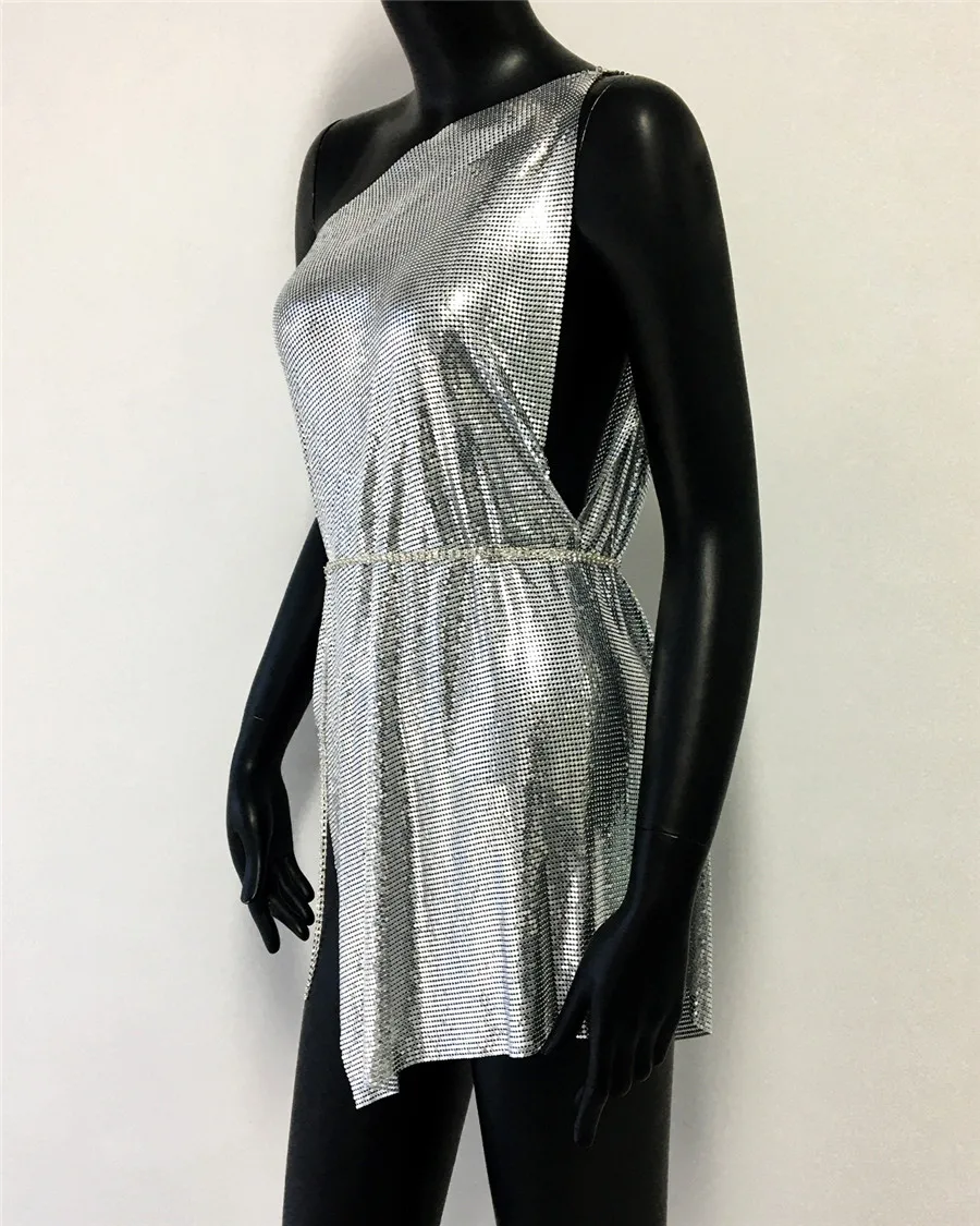Silver Glitter Metallic Sequins Mini Dress Sexy Backless Single Shoulder Side Split Dress For Women Rave Festival Party Evening Dresses