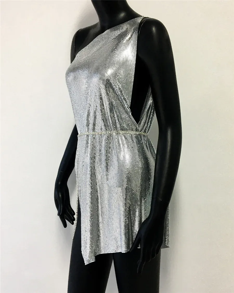 Silver Glitter Metallic Sequins Mini Dress Sexy Backless Single Shoulder Side Split Dress For Women Rave Festival Party Evening Dresses