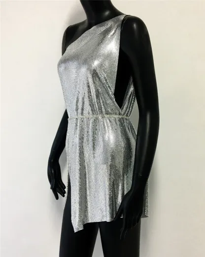 Silver Glitter Metallic Sequins Mini Dress Sexy Backless Single Shoulder Side Split Dress For Women Rave Festival Party Evening Dresses