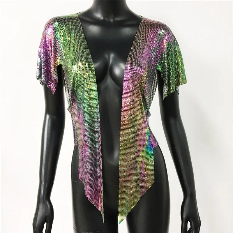 Iridescent Women Sexy Metal Sequins Tops Summer Glitter Beach Bikini Cardigan Cover Up Night Club Party Rave Festival Loose Coat