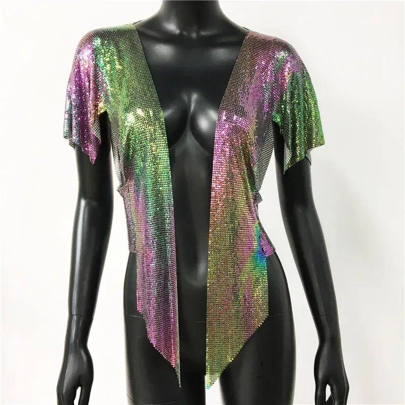 Women Sexy Metal Sequins Tops Summer Glitter Beach Bikini Cardigan Cover Up Night Club Party Rave Festival Loose Coat