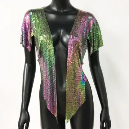 Iridescent Women Sexy Metal Sequins Tops Summer Glitter Beach Bikini Cardigan Cover Up Night Club Party Rave Festival Loose Coat