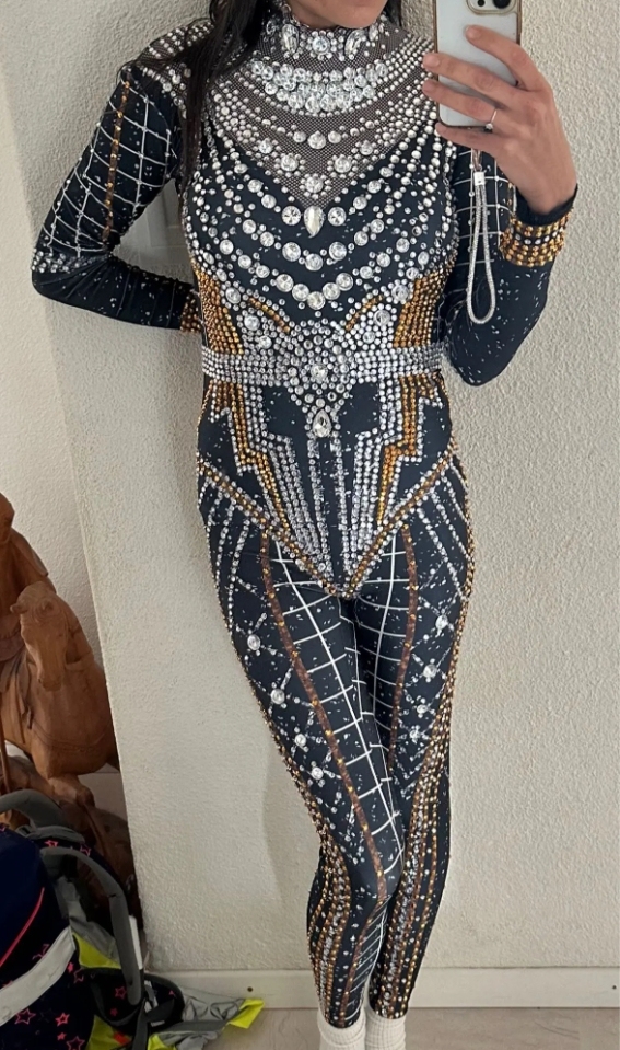 Shining Rhinestones Showgirl Performance Costumes Fashion Nightclub Dancer Pole Dancing Stage Costumes Acrobatic Women Jumpsuit