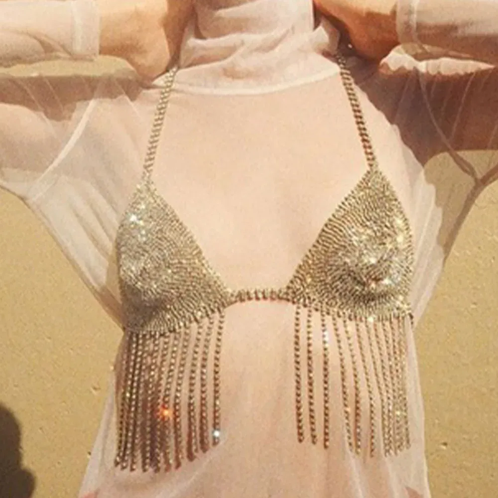 y2k Festival Luxury Rhinestone Bikini Top Women 2023 Sexy Night Club Party Backless Halter Fashion Diamond Tassel Crop Tops