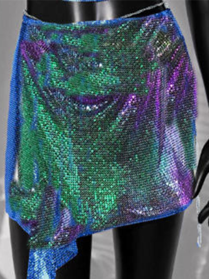 iridescent Cross border New Product Fashion Set Skirt Metal sequin Strap Skirt Set Sexy European and American Spicy Girl Two Piece Set for Women