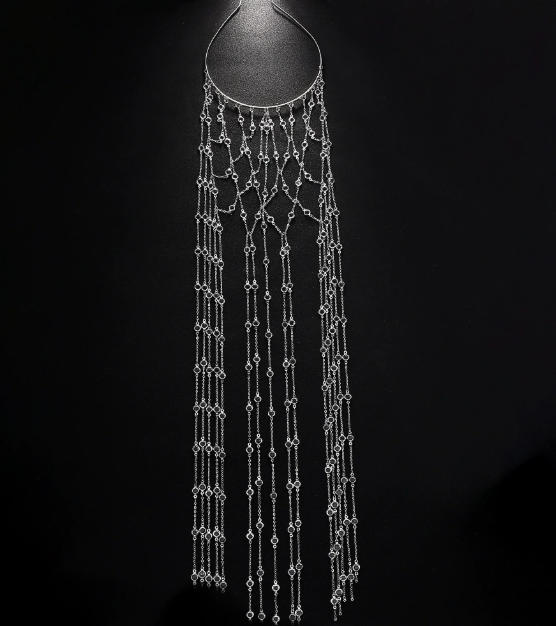 silver Hot selling tassel headbands in Europe and America, women's high-end stage runway mesh rhinestone headbands