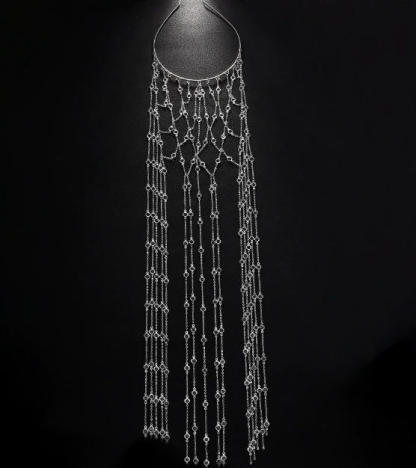 silver Hot selling tassel headbands in Europe and America, women's high-end stage runway mesh rhinestone headbands