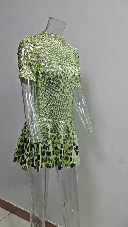 Extended 7cm Sexy Colorful light green shell sequin mini dress, nightclub dance, high-quality performance costume, jumpsuit, birthday dress