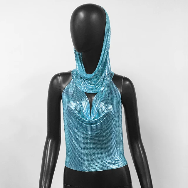 Sky Blue Women Metal Sequins Tank Top With Turban 2 Piece  Sexy V Neck Backless   Suspender Top Rave Festival Party Nightclub Camisole