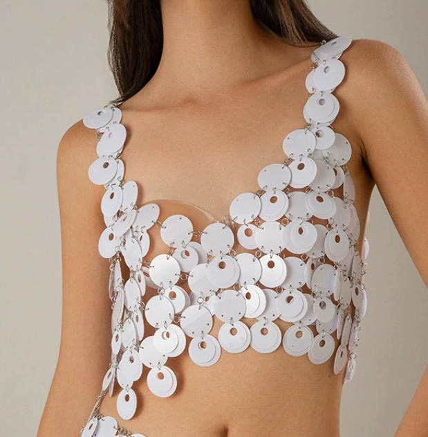 white Round sequin women's suit sexy suspender hollow sequin skirt, nightclub trendy women's thin half skirt, body chain