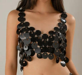[Copy]black Round sequin women's suit sexy suspender hollow sequin skirt, nightclub trendy women's thin half skirt, body chain