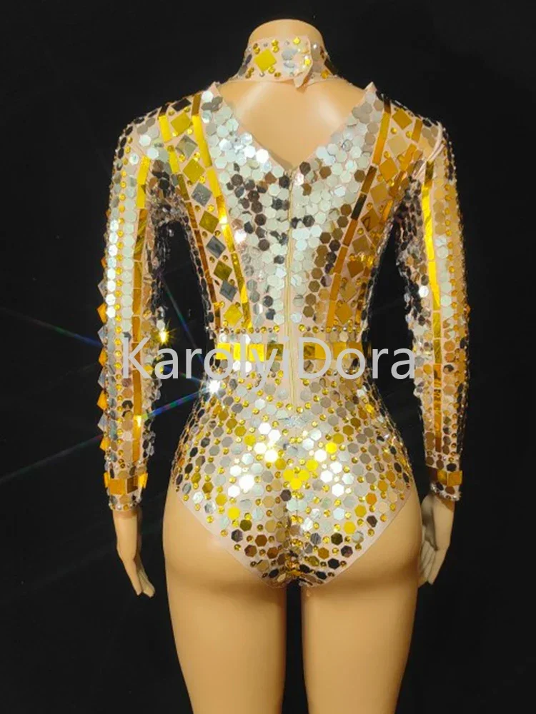 2023 Singer Mirror Dress Stage Dance Wears Sparkly Gold Silver Sequins Bodysuit Dress Rhinestone Costume Long Sleeve