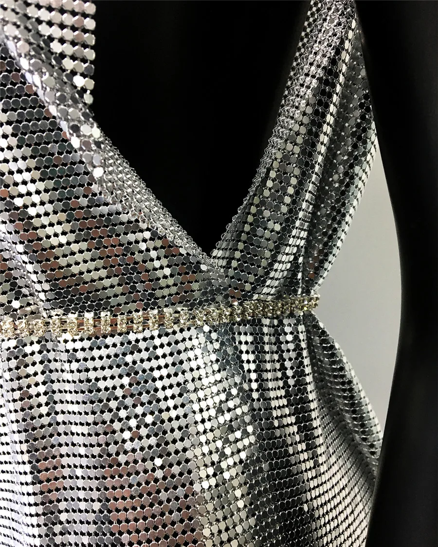 Silver Glitter Metallic Sequins Mini Dress Sexy Backless Single Shoulder Side Split Dress For Women Rave Festival Party Evening Dresses