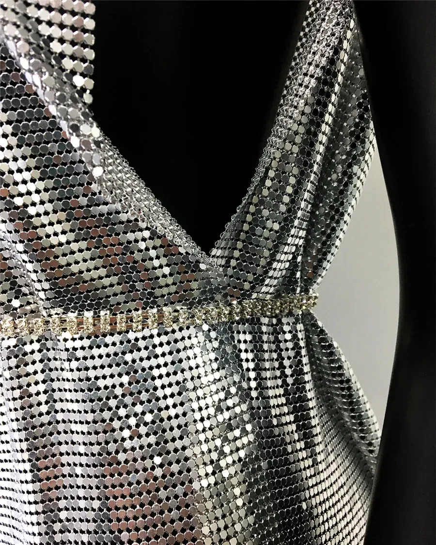 Silver Glitter Metallic Sequins Mini Dress Sexy Backless Single Shoulder Side Split Dress For Women Rave Festival Party Evening Dresses