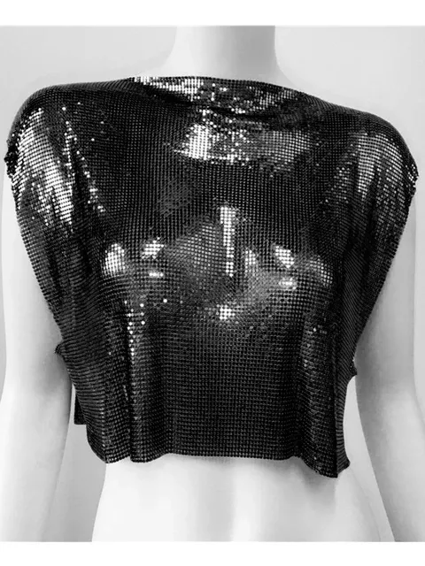 Y2k Shiny Metallic Sequins Festival T- Shirts Crop Tops Sexy Women Sleeveless See Through Glitter Sequin Club Party Rave T Shirt