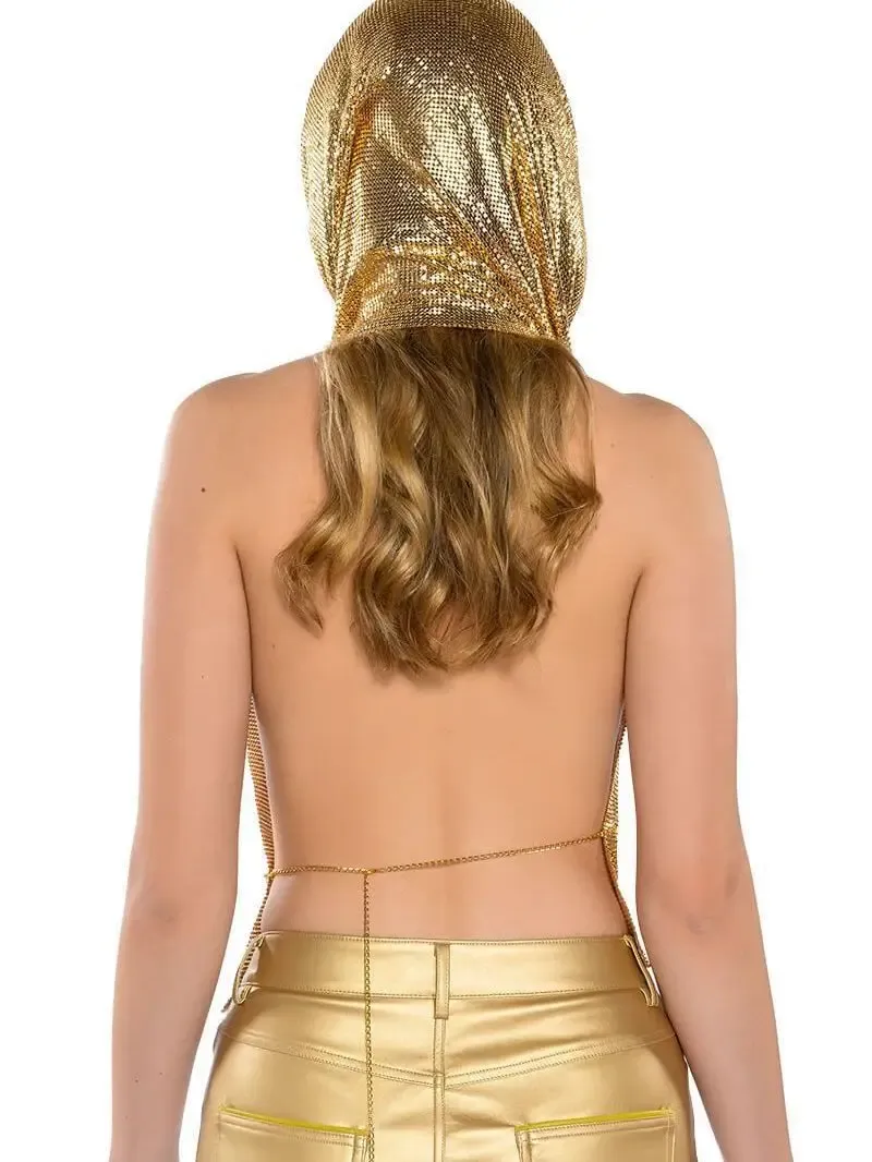 Gold Women Metal Sequins Tank Top With Turban 2 Piece  Sexy V Neck Backless   Suspender Top Rave Festival Party Nightclub Camisole