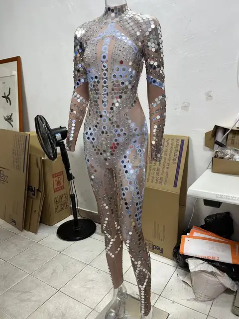Fashion Sequin Diamond Jumpsuit Car Model Show Nightclub Bar Shining Rhinestones Show girl Performance Costumes Stage Costumes