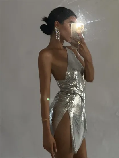 Silver Glitter Metallic Sequins Mini Dress Sexy Backless Single Shoulder Side Split Dress For Women Rave Festival Party Evening Dresses