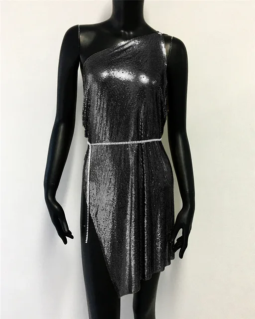 Black Glitter Metallic Sequins Mini Dress Sexy Backless Single Shoulder Side Split Dress For Women Rave Festival Party Evening Dresses