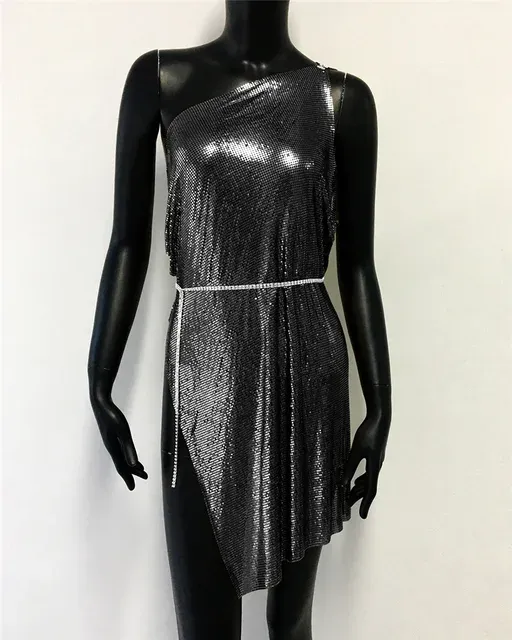 Glitter Metallic Sequins Mini Dress Sexy Backless Single Shoulder Side Split Dress For Women Rave Festival Party Evening Dresses