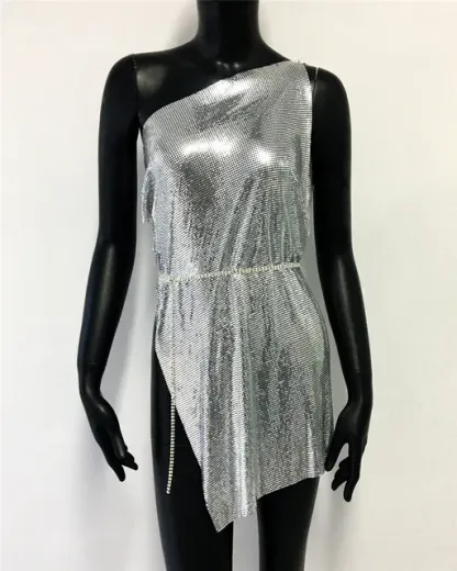 Silver Glitter Metallic Sequins Mini Dress Sexy Backless Single Shoulder Side Split Dress For Women Rave Festival Party Evening Dresses