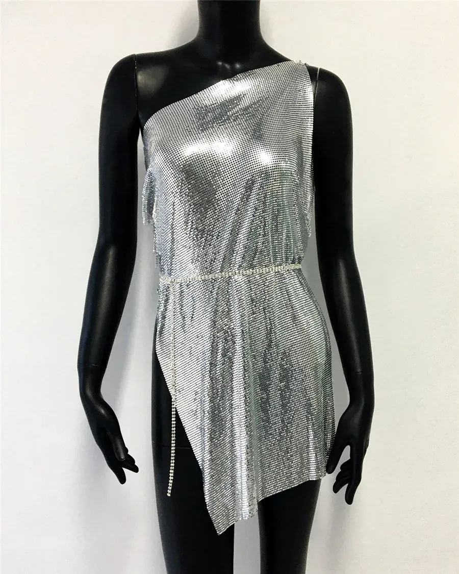 Silver Glitter Metallic Sequins Mini Dress Sexy Backless Single Shoulder Side Split Dress For Women Rave Festival Party Evening Dresses
