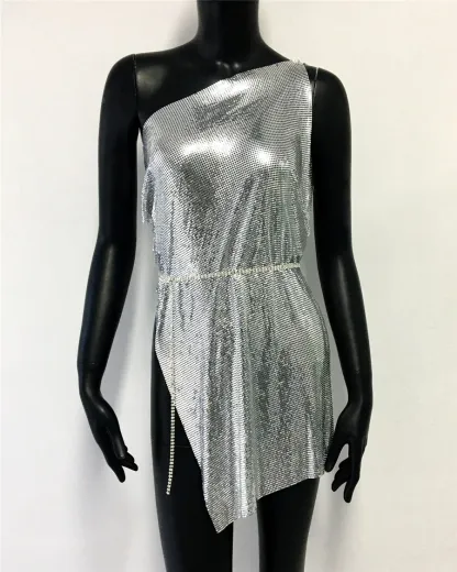 Silver Glitter Metallic Sequins Mini Dress Sexy Backless Single Shoulder Side Split Dress For Women Rave Festival Party Evening Dresses