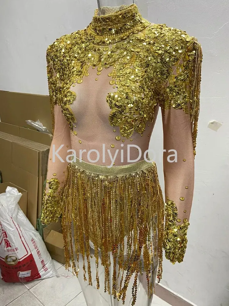 Nightclub Shining Rhinestone Sequins Tassels Women Party Jumpsuit Dancer Stage Outfits Stretch Fringes Bodysuits Showgir Costume