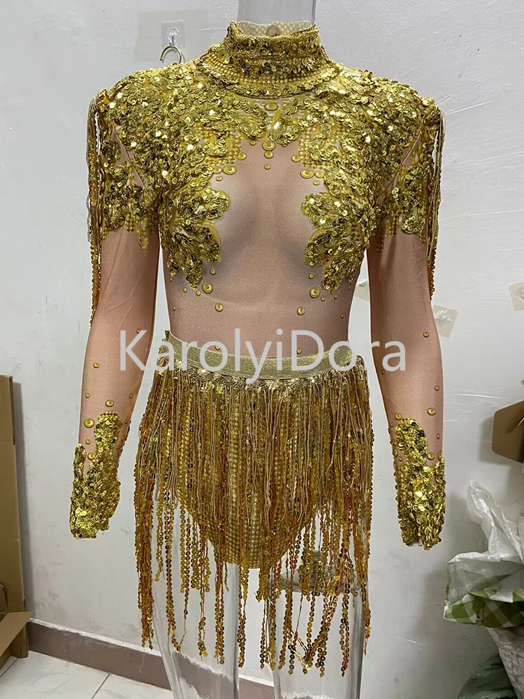 Nightclub Shining Rhinestone Sequins Tassels Women Party Jumpsuit Dancer Stage Outfits Stretch Fringes Bodysuits Showgir Costume