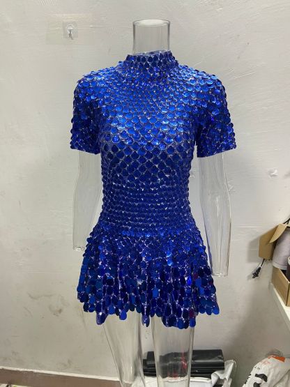 Sexy Blue Shell Sequins Mini Dress Nightclub Dance High Quality Performance Clothing Bodysuit Birthday Dresses