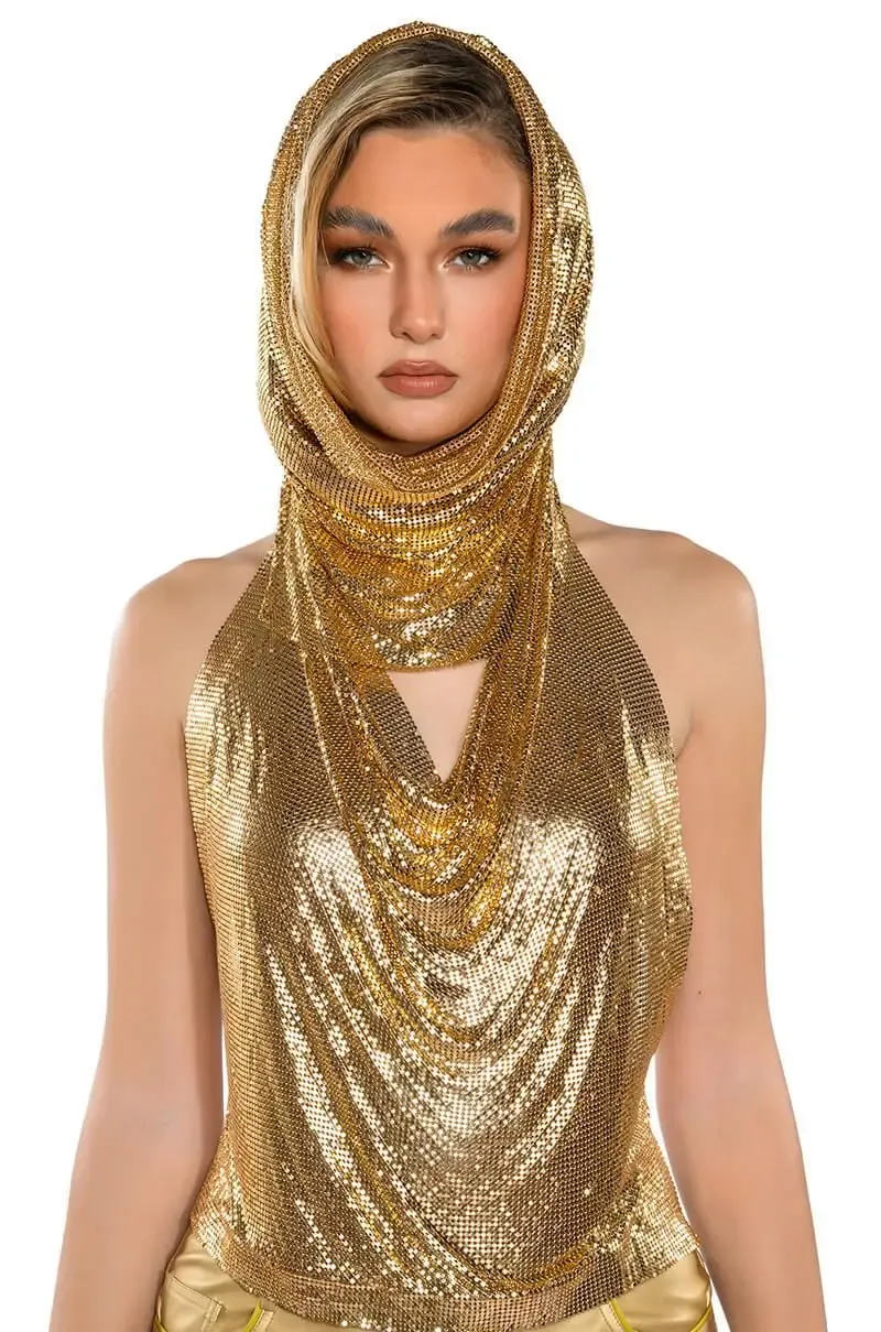Gold Women Metal Sequins Tank Top With Turban 2 Piece  Sexy V Neck Backless   Suspender Top Rave Festival Party Nightclub Camisole