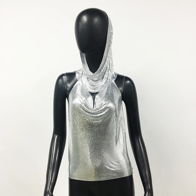 Women Metal Sequins Tank Top With Turban 2 Piece Sexy V Neck Backless Suspender Top Rave Festival Party Nightclub Camisole