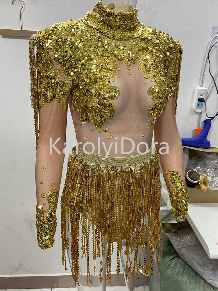 Nightclub Shining Rhinestone Sequins Tassels Women Party Jumpsuit Dancer Stage Outfits Stretch Fringes Bodysuits Showgir Costume