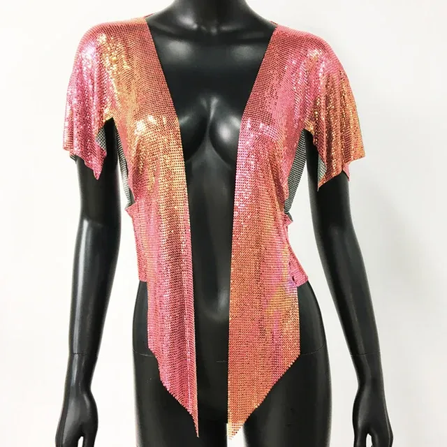 Women Sexy Metal Sequins Tops Summer Glitter Beach Bikini Cardigan Cover Up Night Club Party Rave Festival Loose Coat